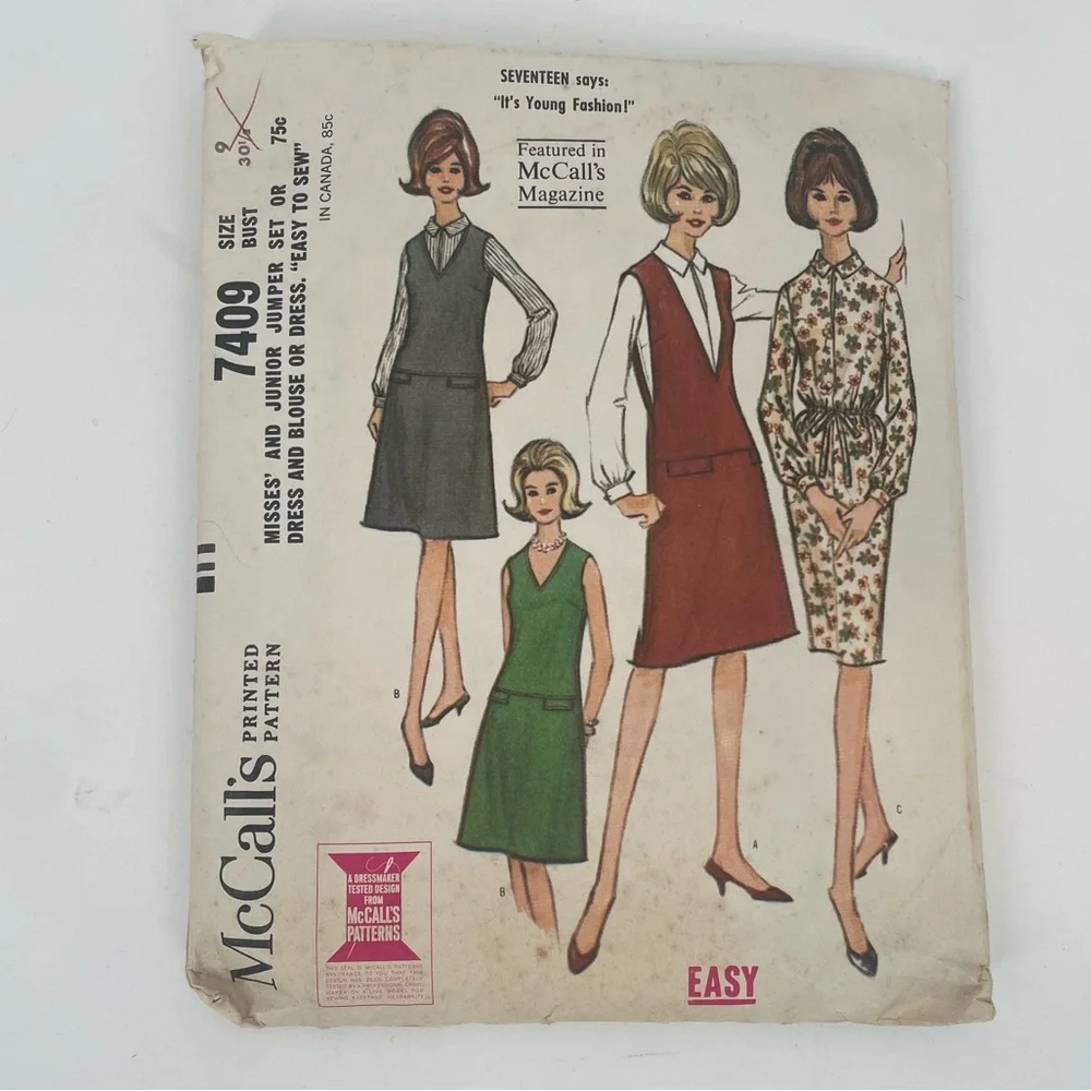 2FOR$20 Vintage 1960s McCall’s 7409 Sewing Pattern Misses & Junior Jumper Set